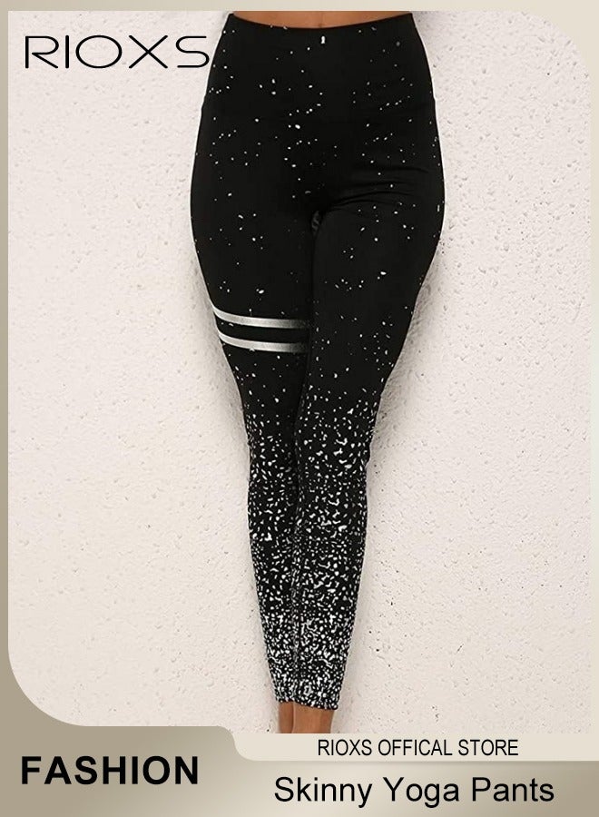 RIOXS Women's High Waisted Skinny Yoga Pants Black Silver Sports Leggings Tights Slim Fit 7/8 Length Leggings For Ladies Girls Women  - Image 5