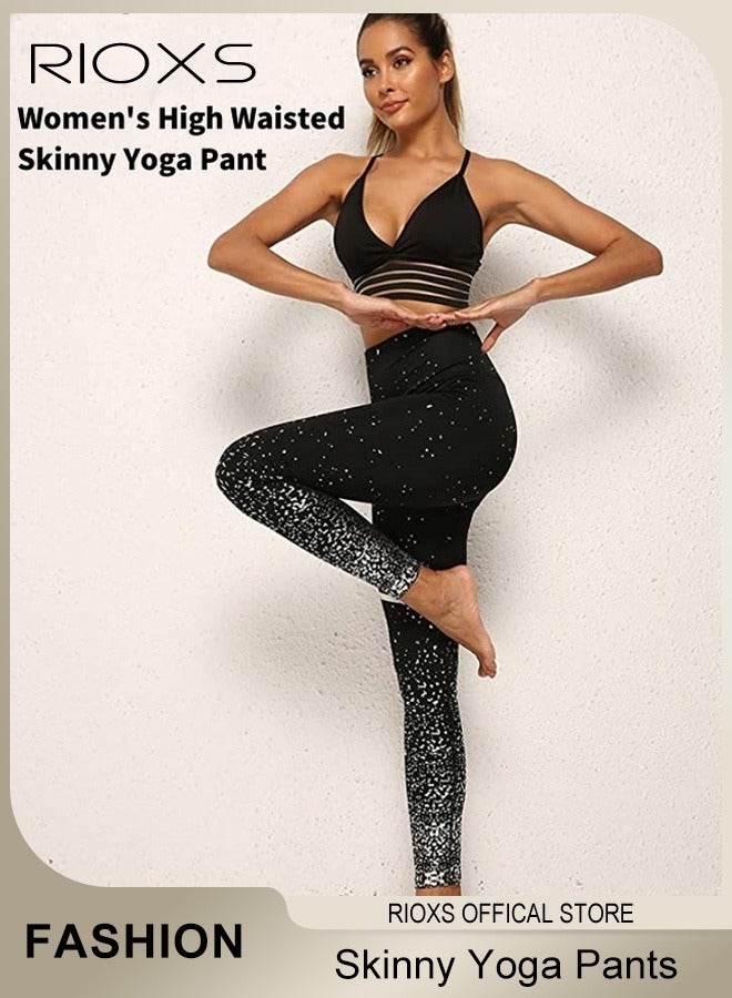 RIOXS Women's High Waisted Skinny Yoga Pants Black Silver Sports Leggings Tights Slim Fit 7/8 Length Leggings For Ladies Girls Women  - Image 1