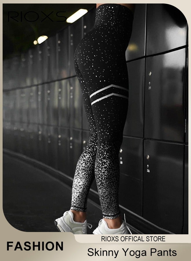 RIOXS Women's High Waisted Skinny Yoga Pants Black Silver Sports Leggings Tights Slim Fit 7/8 Length Leggings For Ladies Girls Women  - Image 4