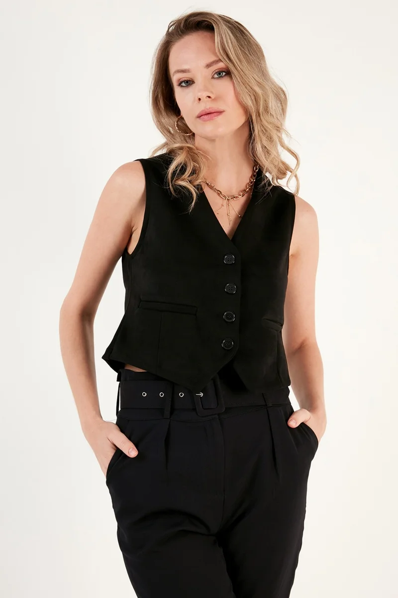 ليلا Fitted V-Neck Buttoned Crop Scuba Suede Vest Women's Vest 5865576