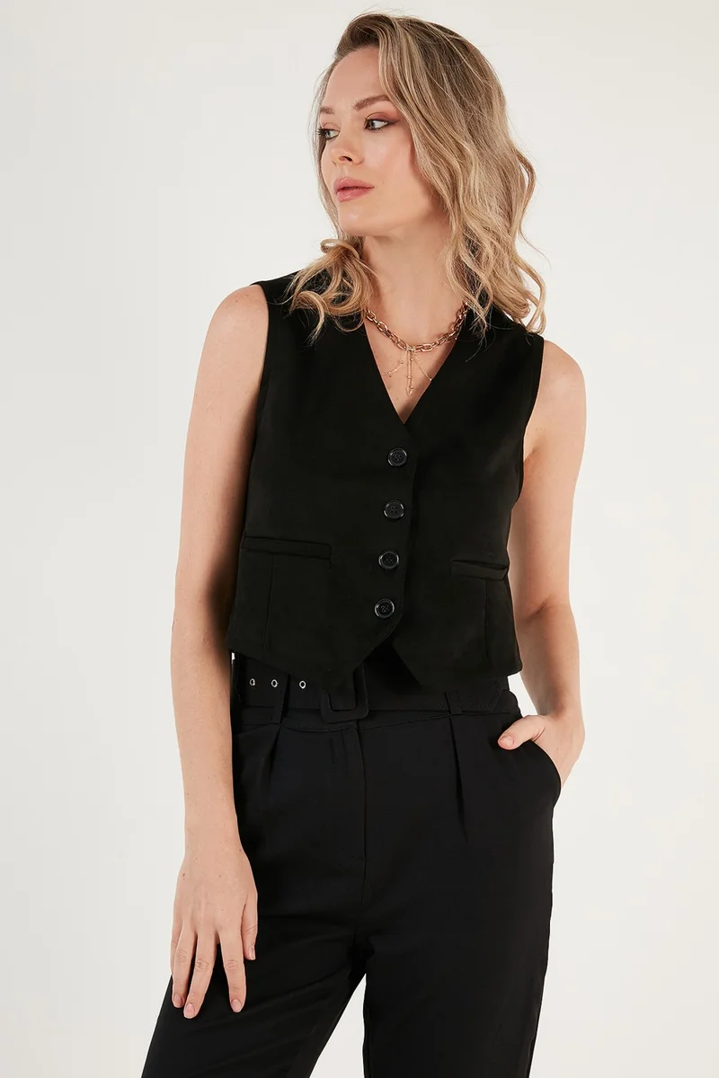 ليلا Fitted V-Neck Buttoned Crop Scuba Suede Vest Women's Vest 5865576