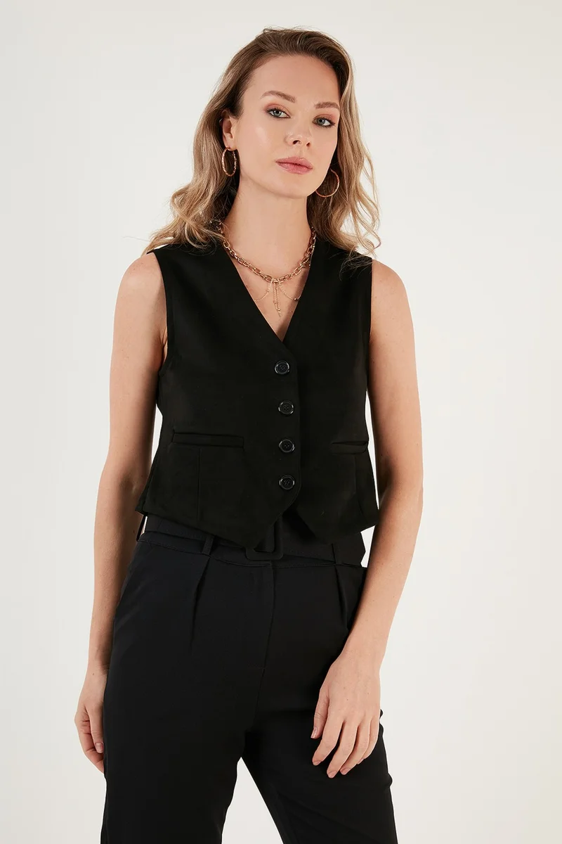 ليلا Fitted V-Neck Buttoned Crop Scuba Suede Vest Women's Vest 5865576