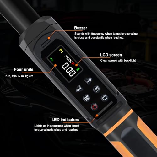 Uharbour Digital Torque Wrench 1/2 Drive, 3.8-250.8 Ft.lb Range, 1/2 Digital Torque Wrench ±1% Accuracy with Vibration, Buzzer and LED Alert, Suitable for Car, Motorcycle and Bicycle - Image 4