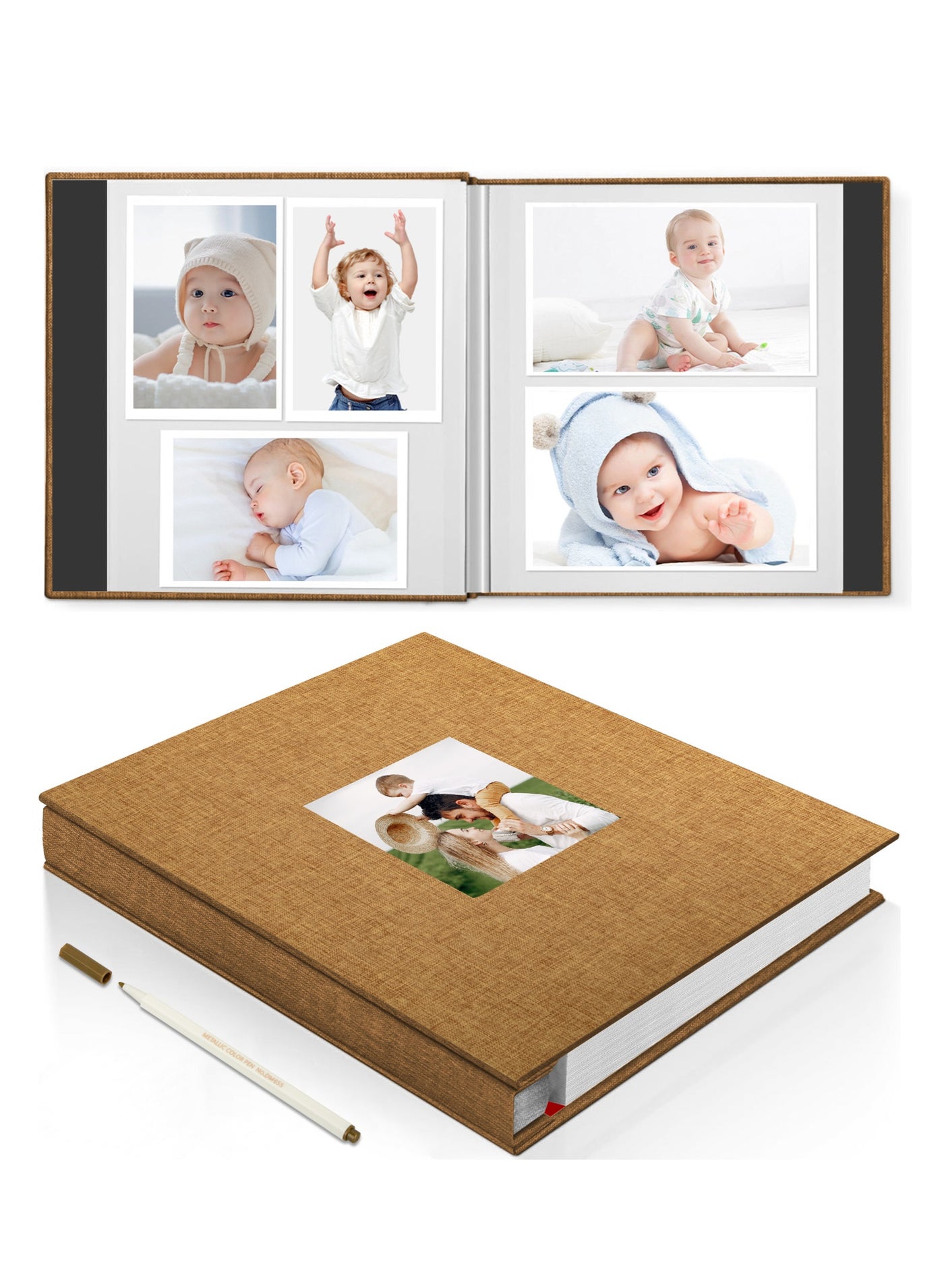 Large Photo Album Scrapbook with Window, Linen Self Adhesive Scrapbook Album, Wedding Anniversary Birthday Valentines Day, 28cm x 27cm 40 Blank Pages Memory Book with A Metallic Pen Brown