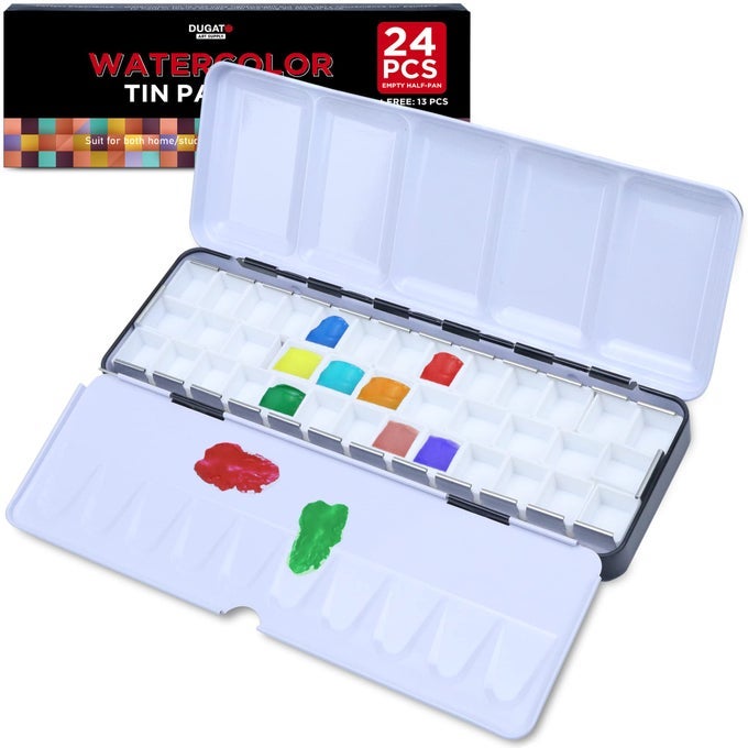 MEDIUM EMPTY WATERCOLOR PALETTE TIN WITH LID HOLDS 24 HALF PANS 37 INCLUDED 6 FOLDOUT MIXING AREAS METAL TRAVEL BOX FOR DIY ART
