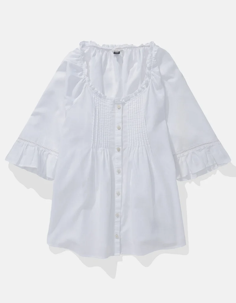 American Eagle  AE Linen-Blend Ruffle Blouse for Women | Best Price UAE