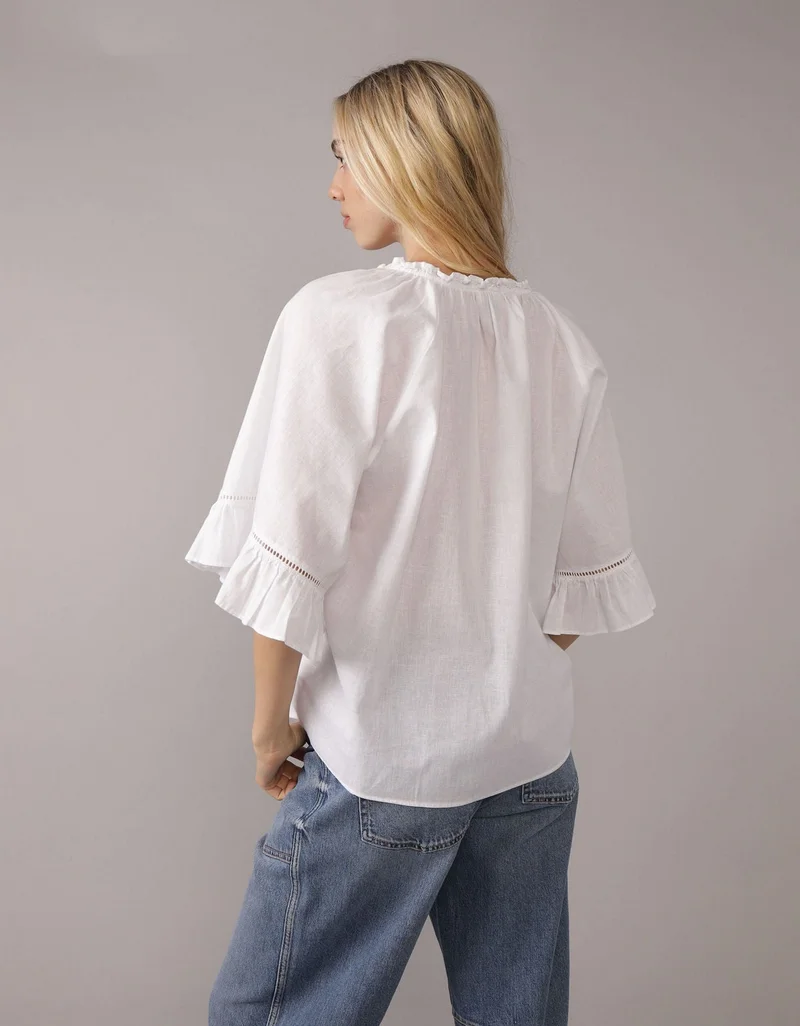 American Eagle  AE Linen-Blend Ruffle Blouse for Women | Best Price UAE