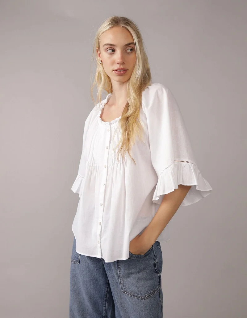 AE Linen-Blend Ruffle Blouse