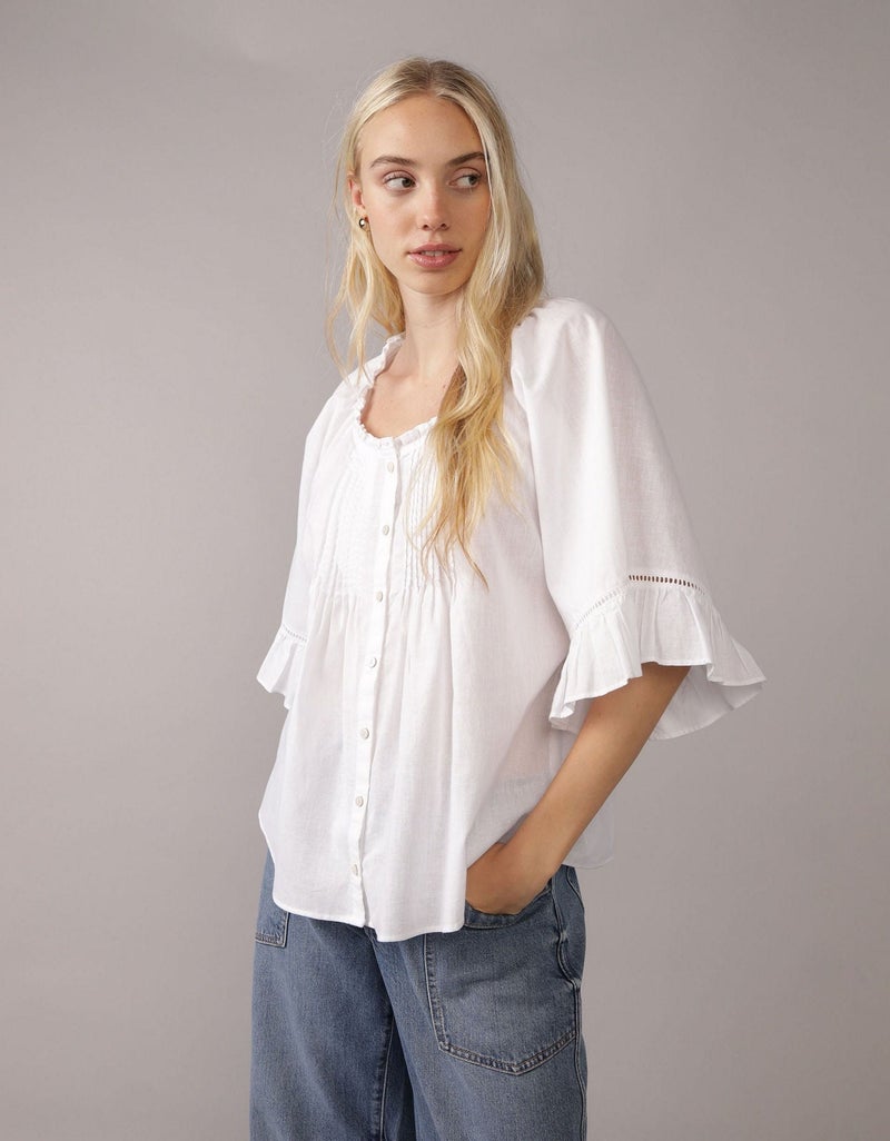 American Eagle AE Linen-Blend Ruffle Blouse - Image 1