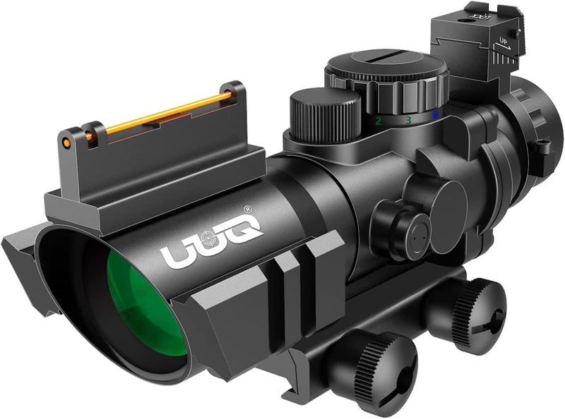 UUQ Prism 4x32 Red/Green/Blue Triple Illuminated Rapid Range Reticle Rifle Scope W/Top Fiber Optic Sight and Weaver Slots - Image 1
