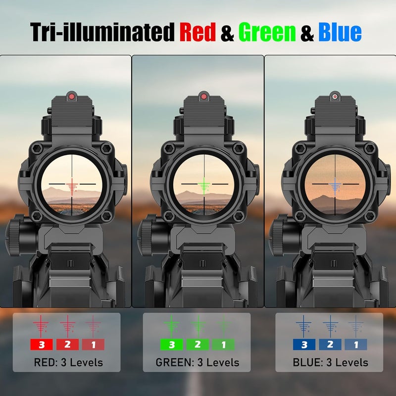 UUQ Prism 4x32 Red/Green/Blue Triple Illuminated Rapid Range Reticle Rifle Scope W/Top Fiber Optic Sight and Weaver Slots - Image 3
