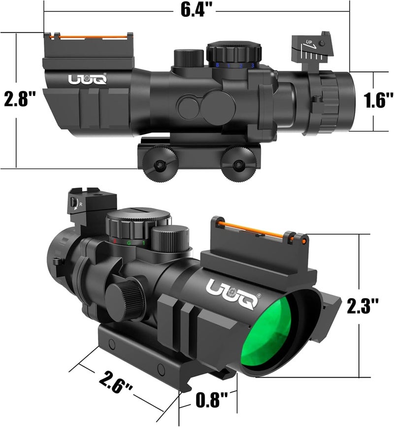 UUQ Prism 4x32 Red/Green/Blue Triple Illuminated Rapid Range Reticle Rifle Scope W/Top Fiber Optic Sight and Weaver Slots - Image 4