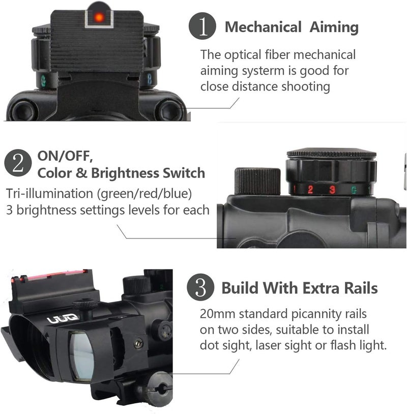 UUQ Prism 4x32 Red/Green/Blue Triple Illuminated Rapid Range Reticle Rifle Scope W/Top Fiber Optic Sight and Weaver Slots - Image 5