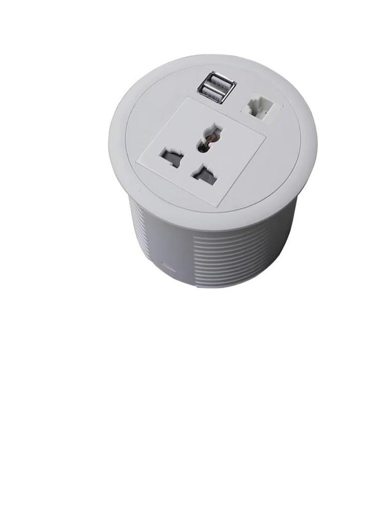 DKURVE Desk Universal Power Grommet: Two USB Chargers, LAN Port, White Mini Desktop Round Socket for Furniture Power Outlets - Image 1