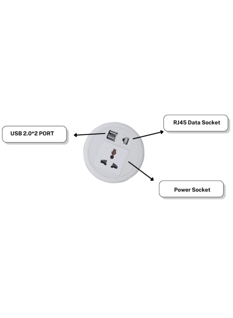 DKURVE Desk Universal Power Grommet: Two USB Chargers, LAN Port, White Mini Desktop Round Socket for Furniture Power Outlets - Image 2