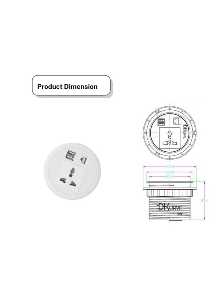 DKURVE Desk Universal Power Grommet: Two USB Chargers, LAN Port, White Mini Desktop Round Socket for Furniture Power Outlets - Image 5