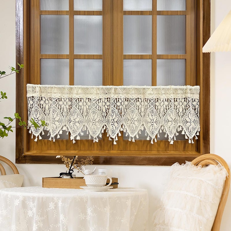 AiFMQQ Boho Crochet Lace Sheer Curtain Valance for Kitchen Windows Vintage Macrame Valances for Dining Room Living Room Farmhouse Rustic Crochet Valance Rod Pocket 1 Panel (W35 L15 inch,Beige) - Image 1