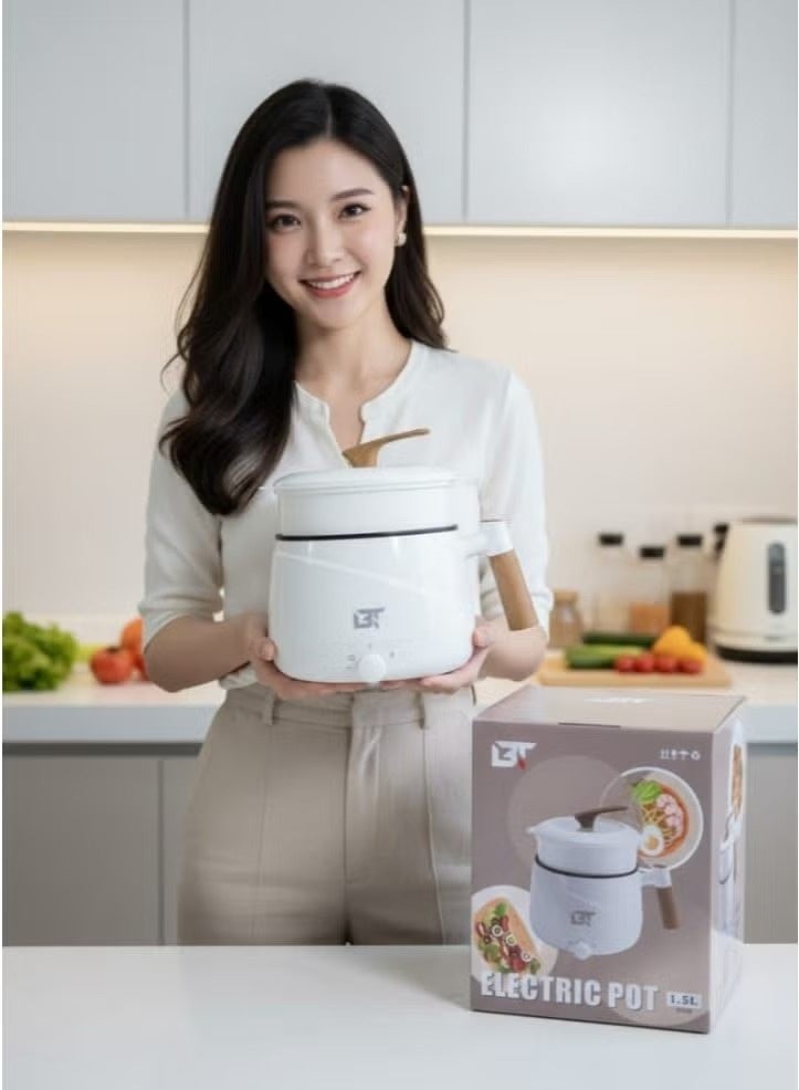 BT Electric Hot Pot 1.5L Mini Ramen Cooker with Lid & Steamer | Non-Stick Noodle Cooker, Portable Multi-Function Hotpot for Instant Noodles, Soup, Pasta, Eggs & Cooking in Dorm, Home & Office - Image 3