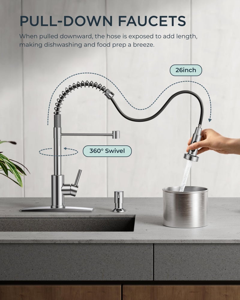 FORIOUS Kitchen Faucets, Chrome Kitchen Sink Faucet with Pull Down Sprayer, Commercial Kitchen Faucet Stainless Steel, Classic Single Handle Pull Out Sink Faucets for Farmhouse RV Laundry Utility Room - Image 2