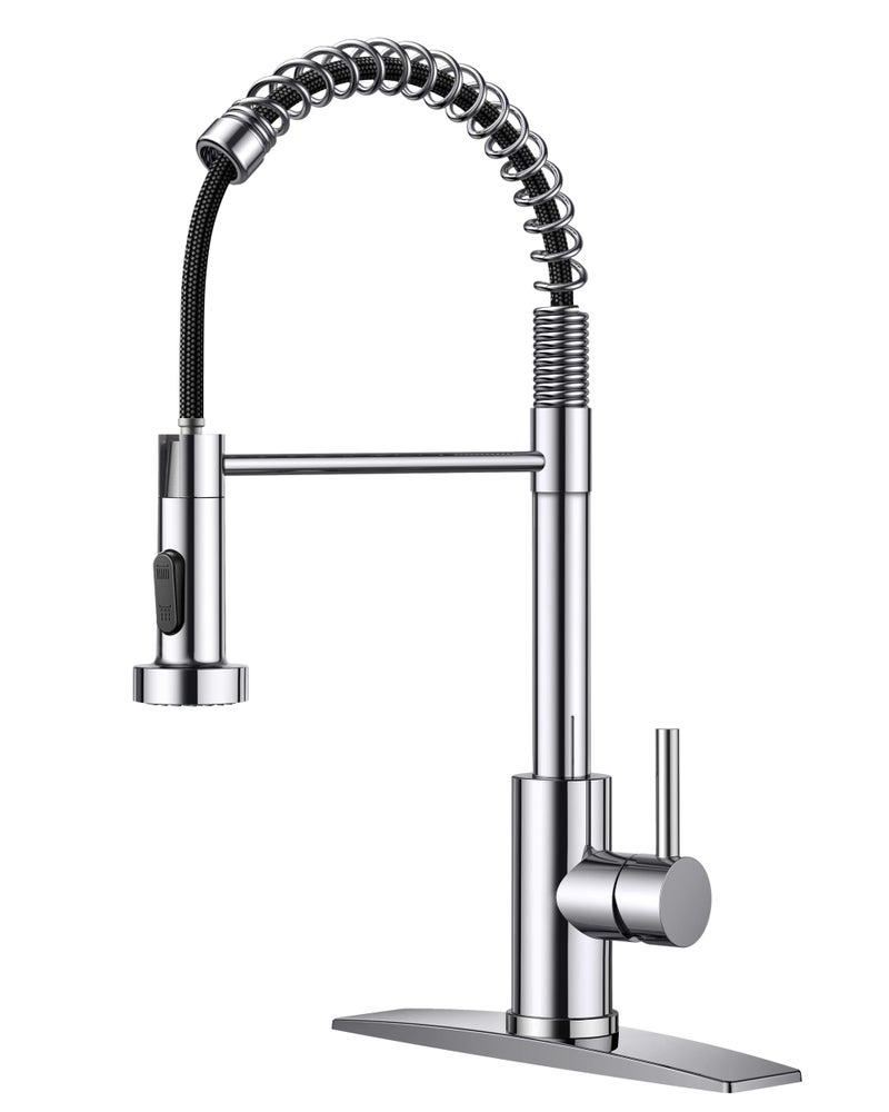 FORIOUS Kitchen Faucets, Chrome Kitchen Sink Faucet with Pull Down Sprayer, Commercial Kitchen Faucet Stainless Steel, Classic Single Handle Pull Out Sink Faucets for Farmhouse RV Laundry Utility Room - Image 1