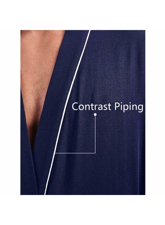 HOLOVE Lightweight Cotton Bathrobe Men Knee Length Comfy Robe (Navy Blue L/XL), Navy Blue, L-XL - Image 4