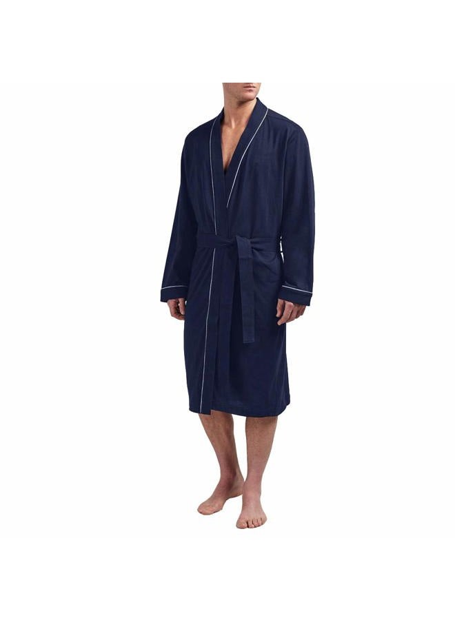 HOLOVE Lightweight Cotton Bathrobe Men Knee Length Comfy Robe (Navy Blue L/XL), Navy Blue, L-XL - Image 1