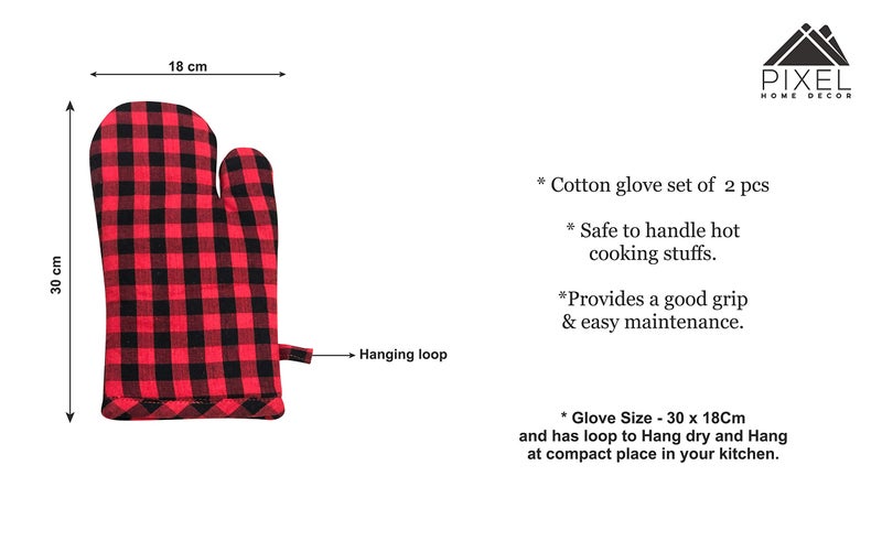 PIXEL HOME Cotton Microwave Oven Mitten for Microwave - Set of 2 PCS Oven Glove - Heat Resistant (Colour-Red&Black Check) - Image 3