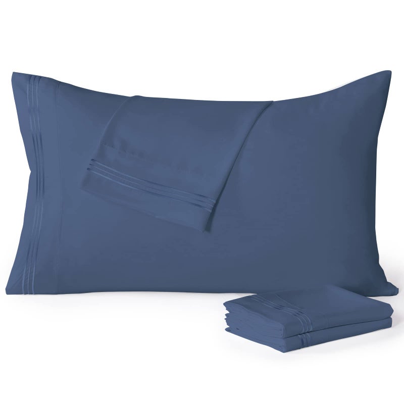 YIYEA Pillow Cases Queen Size Set of 4 Ultra Soft 1800TC Hotel Quality Double Brushed Microfiber Embroidered Pillowcases Envelope Closure Fade Resistant 20x30 Denim