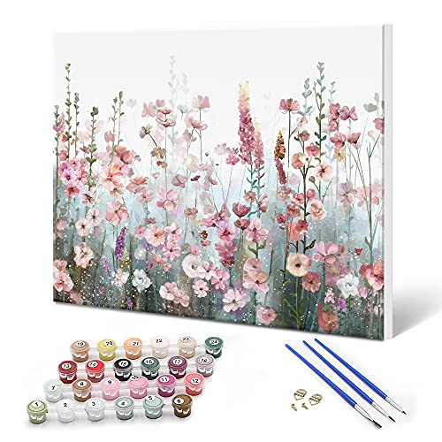SUMGAR Framed Paint by Numbers Kit for Adults Flowers, Pink Wildflower Canvas Painting Kits with Frame, DIY Acrylic Floral Number Painting for Adults Beginner, Easy Art Craft Home Decor Gift, 16x20in - Image 1