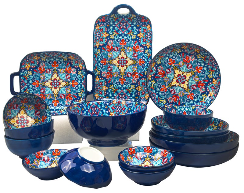 طقم أواني طعام مكون من 16 قطعة على الطراز البوهيمي، مجموعة هدايا مطبخ كلاسيكية أنيقة فاخرة راقية، آمن للاستخدام في الفرن وغسالة الأطباق والميكروويف - Image 1