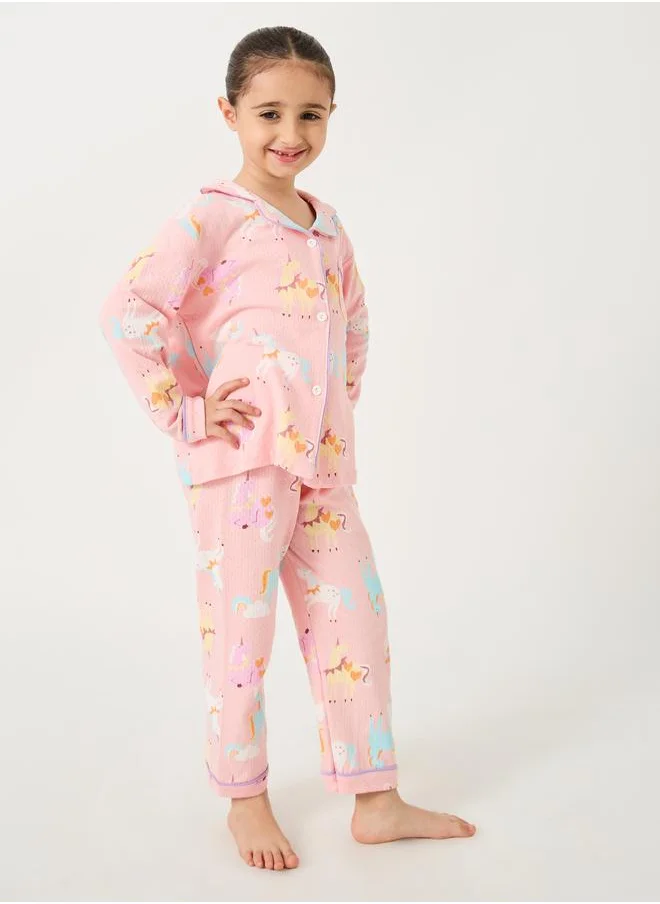 ستايلي Styli All-Over Unicorn Print Long Sleeve Shirt and Pyjama Set