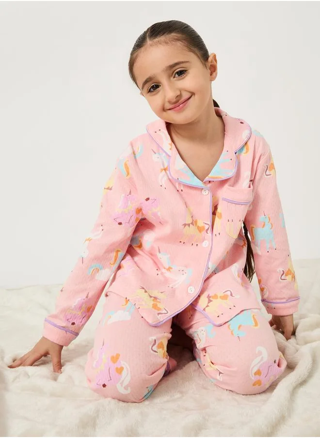 ستايلي Styli All-Over Unicorn Print Long Sleeve Shirt and Pyjama Set