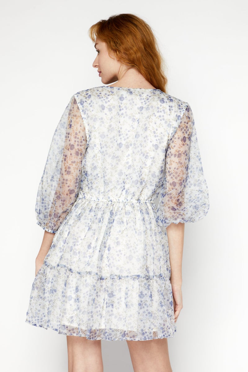 NA-KD Women Floral Print Organza Mini Dress, Blue Combo - Image 3