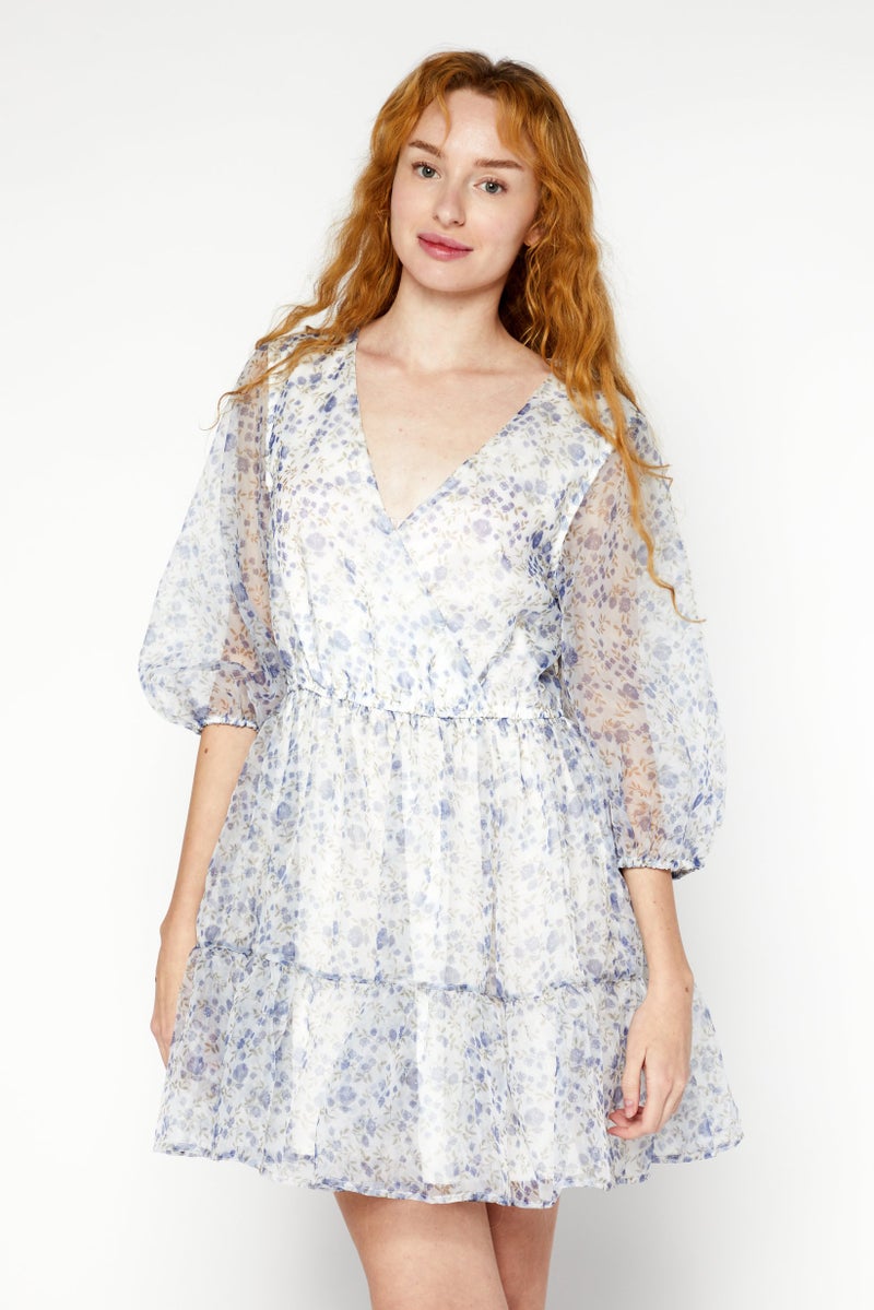 NA-KD Women Floral Print Organza Mini Dress, Blue Combo - Image 1