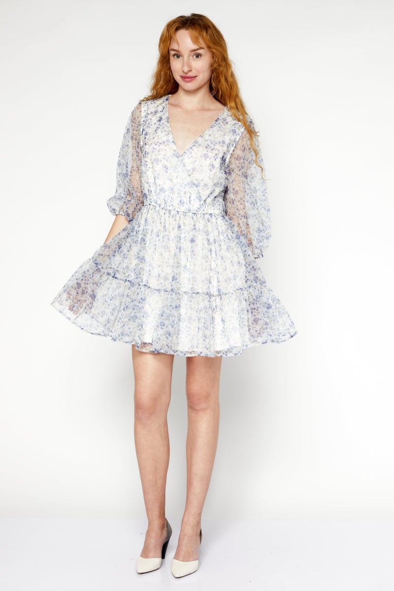 NA-KD Women Floral Print Organza Mini Dress, Blue Combo - Image 2
