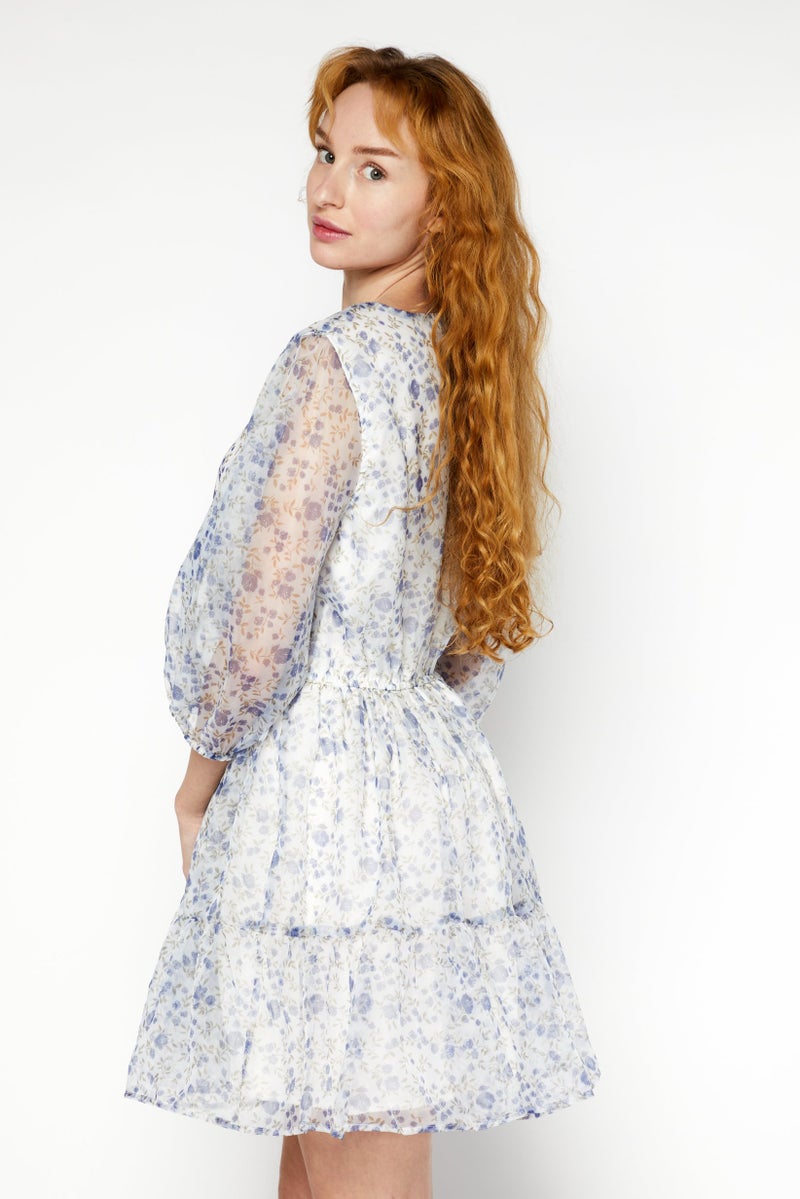NA-KD Women Floral Print Organza Mini Dress, Blue Combo - Image 2