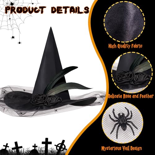 JUSTOTRY Halloween Witch Hat for Women Black Spider Witches Hat Adult Wizard Witch Hats for Women Girl Cosplay Halloween Party Costume Accessory - Image 4