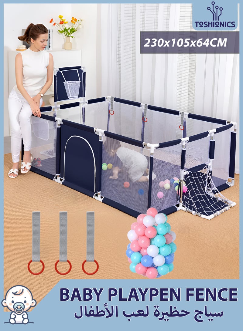 توشيونيكس حظيرة لعب للأطفال مع 30 كرة، 3 خطافات سحب، طوق كرة سلة، شبكة كرة قدم وجيب تخزين جانبي - 230 × 105 سم، مركز أنشطة للأطفال داخل المنزل وخارجه، سياج أمان قابل للطي، أوكار لعب محمولة للأطفال الصغار، ساحة لعب سهلة الطي، أزرق - Image 1