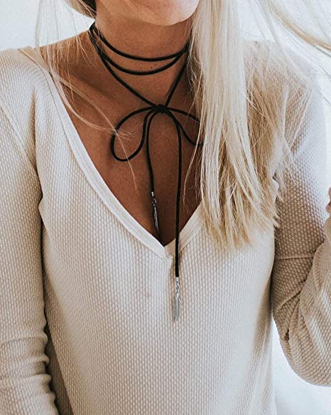 Doubnine Boho Feather Choker Wrap Necklace 2pcs Versatility Vegan Suede Y Lariat Gothic Black Brown Bronze Accessories for Women - Image 3