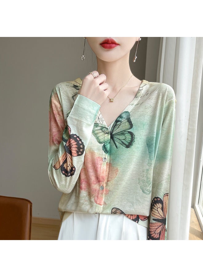 Fine Imitation Water-soluble Wool Knitted Base Shirt Casual All-match Cardigan Knitted Tencel Thin Printed Sun-protective Shirt Top