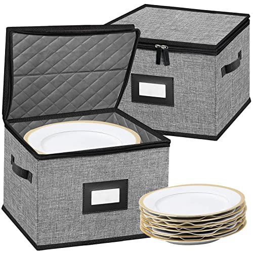 ouruer China Storage Containers-Quilted Dish Storage Containers with Lid Hard Shell for Moving Transport, Dinnerware Storage,Stackable Plate Storage,24 Felt Plate Dividers Included,2PACK 12*12*8in(Dark Grey) - Image 1