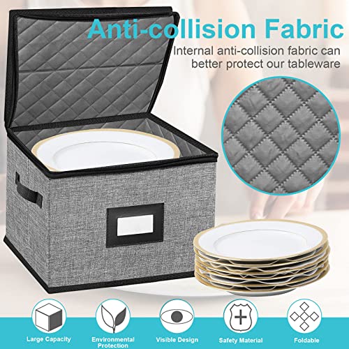 ouruer China Storage Containers-Quilted Dish Storage Containers with Lid Hard Shell for Moving Transport, Dinnerware Storage,Stackable Plate Storage,24 Felt Plate Dividers Included,2PACK 12*12*8in(Dark Grey) - Image 4