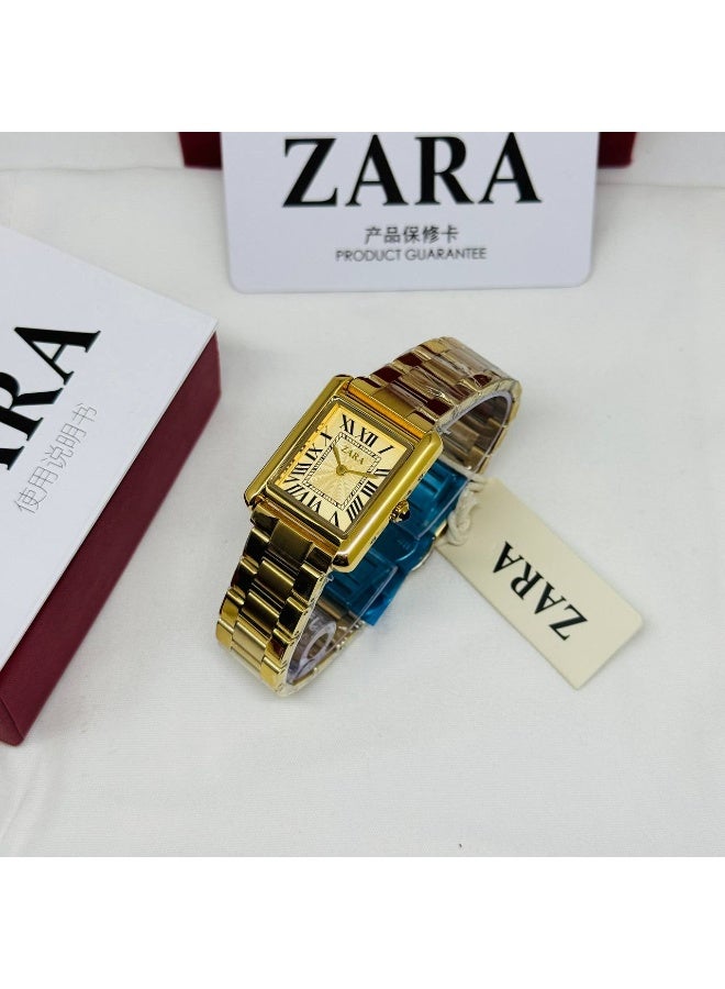 ZARA Classic Women's All-Gold Rectangle Watch | Roman Numerals & Textured Dial | Stainless Steel Bracelet