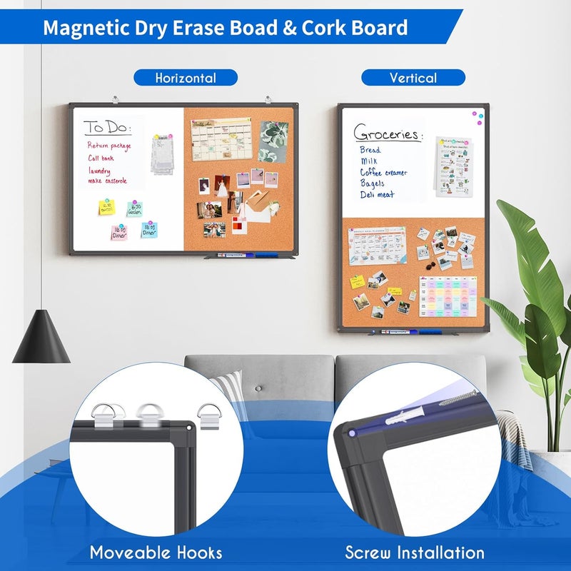 Tripollo Magnetic White Board and Cork Board Combo, 24 X 18 inches Whiteboard Bulletin Combination Board, Wall Mounted Dry Erase Message Board for Home, School and Office, Black - Image 2