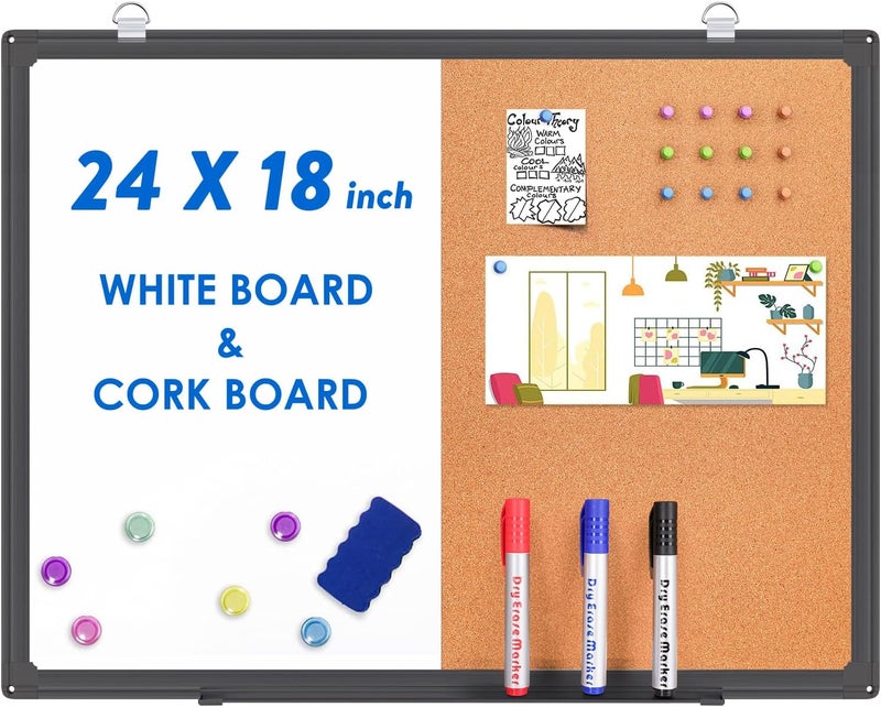 Tripollo Magnetic White Board and Cork Board Combo, 24 X 18 inches Whiteboard Bulletin Combination Board, Wall Mounted Dry Erase Message Board for Home, School and Office, Black - Image 1