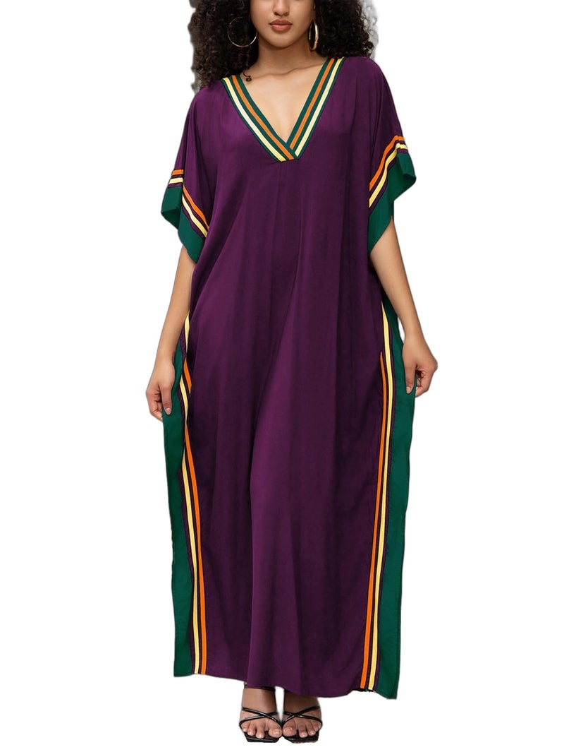 KECVOT Kaftan Dresses for Women V Neck Batwing Sleeve Plus Size Caftans Swimwear Coverups Maxi Beach Dresses Purple - Image 1