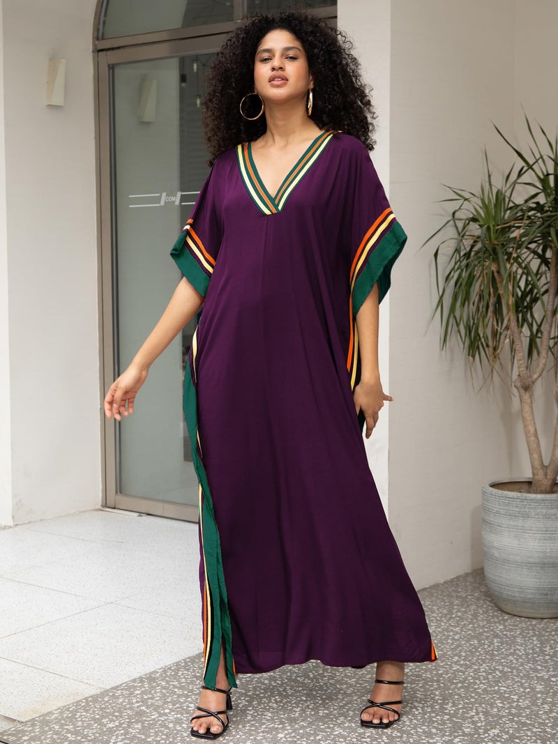 KECVOT Kaftan Dresses for Women V Neck Batwing Sleeve Plus Size Caftans Swimwear Coverups Maxi Beach Dresses Purple - Image 2