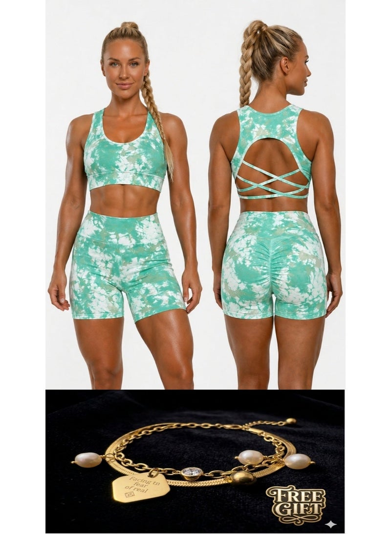 Free Gift Included Women's 2-Piece Tie-Dye Sports Bra and Shorts Set – High-Waist Scrunch - Image 1