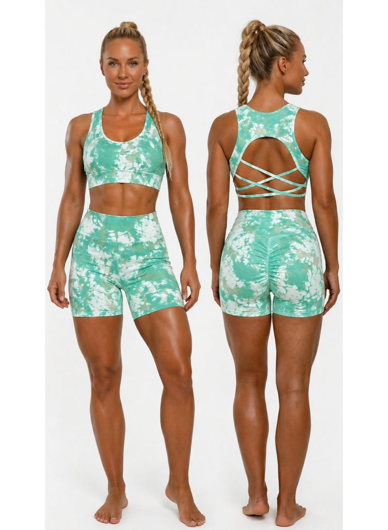 Free Gift Included Women's 2-Piece Tie-Dye Sports Bra and Shorts Set – High-Waist Scrunch - Image 2