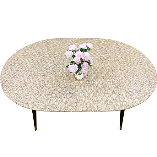 LIBERECOO Oval Fitted Vinyl Tablecloth with Flannel Backing - Fits 48 x 68 Inch Oval Table - Rope Weaving - Elastic Edged for Secure Fit, Waterproof Wipeable Table Cover - Image 1